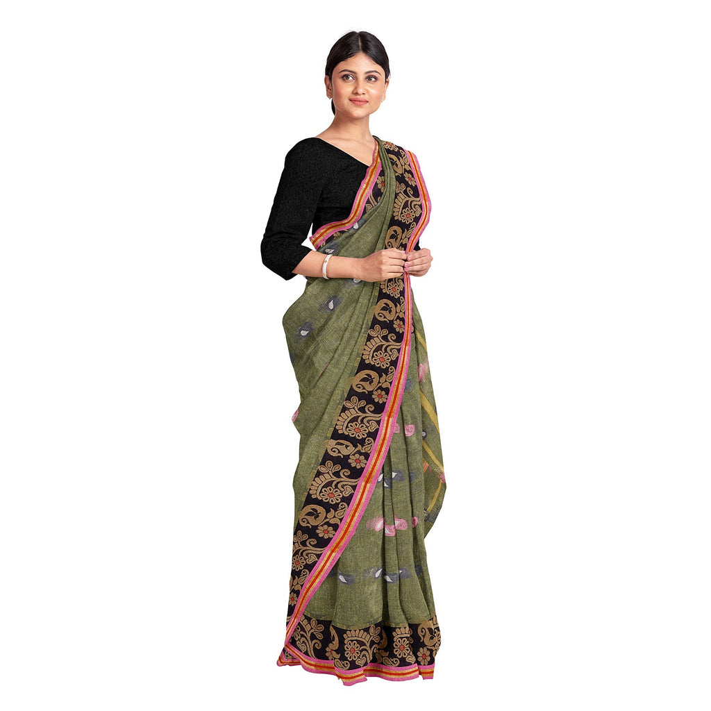 Exclusive Collection 100% Pure Cotton Pesta Tant Saree With Hand Weaving Work | Grocsy