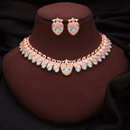 Tehzeeb Creations Rose Gold Sky Blue Colour Necklace With Pair Of Earrings | Grocsy