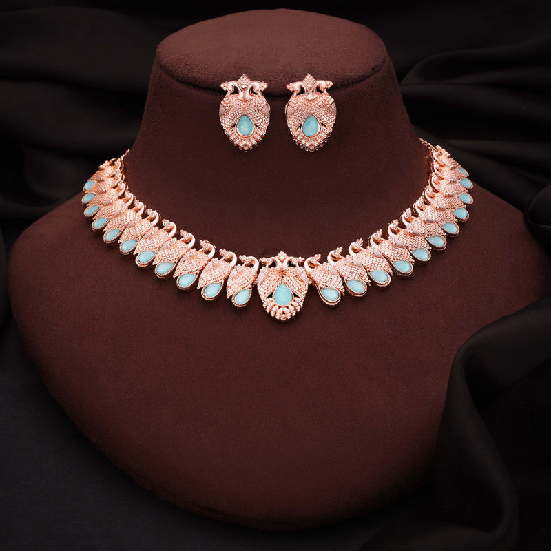 Tehzeeb Creations Rose Gold Sky Blue Colour Necklace With Pair Of Earrings | Grocsy