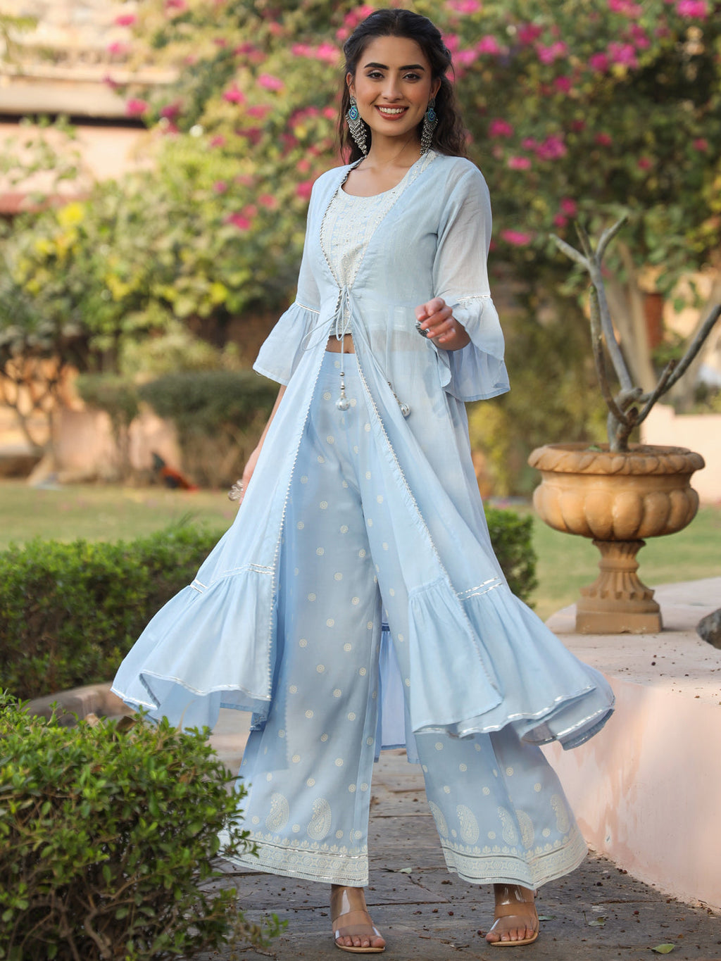 Juniper Powder blue Ethnic Motif printed rayon Crop Top Palazzo & Shrug With Beads & Sequins Work | Grocsy