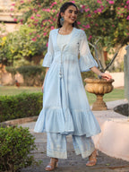 Juniper Powder blue Ethnic Motif printed rayon Crop Top Palazzo & Shrug With Beads & Sequins Work | Grocsy