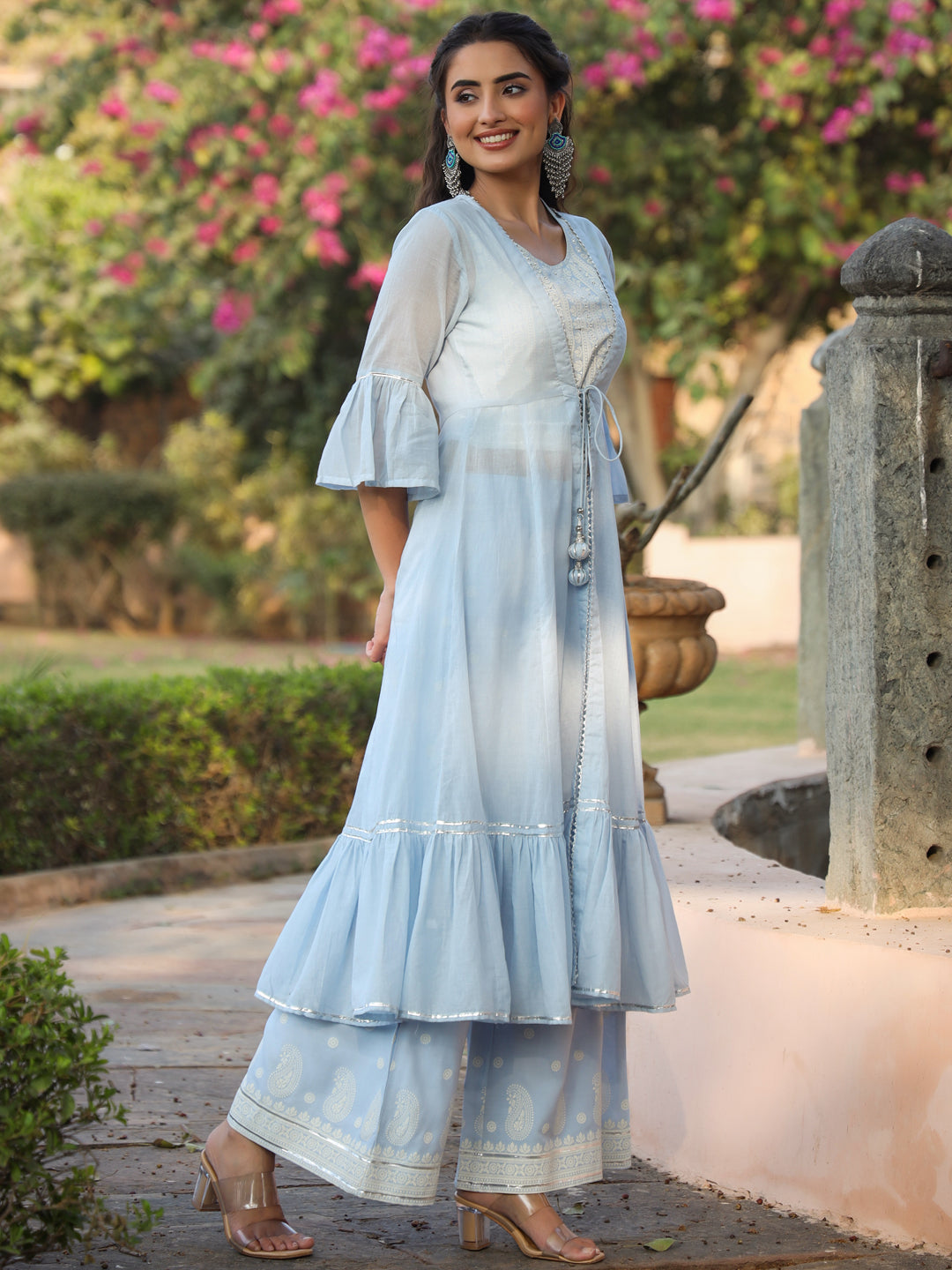 Juniper Powder blue Ethnic Motif printed rayon Crop Top Palazzo & Shrug With Beads & Sequins Work | Grocsy