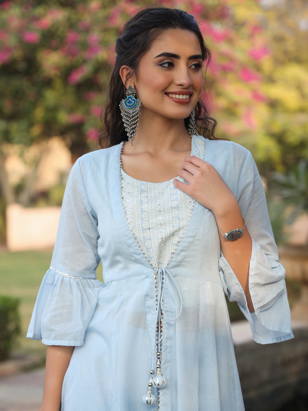 Juniper Powder blue Ethnic Motif printed rayon Crop Top Palazzo & Shrug With Beads & Sequins Work | Grocsy