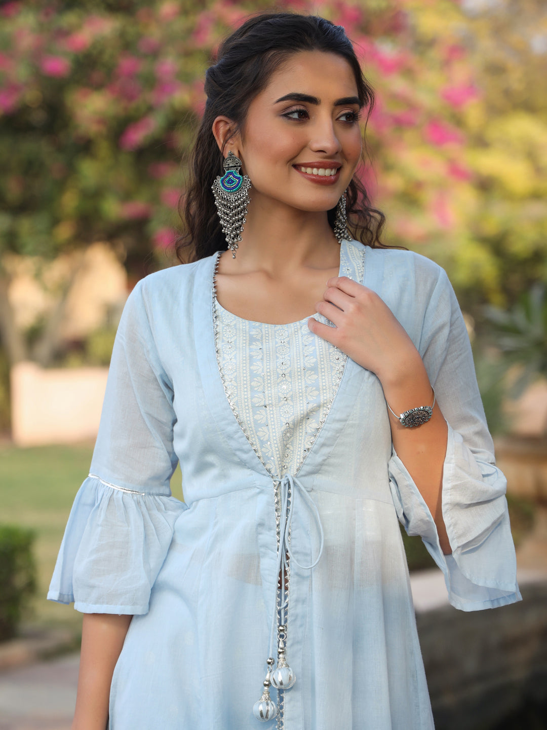 Juniper Powder blue Ethnic Motif printed rayon Crop Top Palazzo & Shrug With Beads & Sequins Work | Grocsy