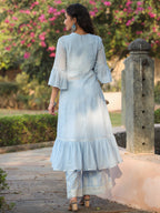 Juniper Powder blue Ethnic Motif printed rayon Crop Top Palazzo & Shrug With Beads & Sequins Work | Grocsy