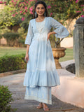 Juniper Powder blue Ethnic Motif printed rayon Crop Top Palazzo & Shrug With Beads & Sequins Work | Grocsy