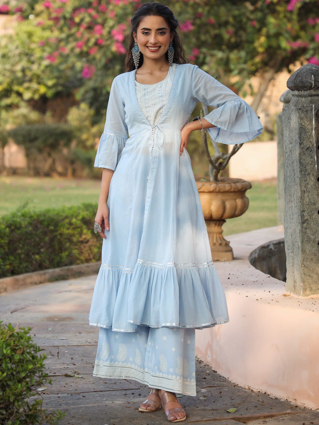 Juniper Powder blue Ethnic Motif printed rayon Crop Top Palazzo & Shrug With Beads & Sequins Work | Grocsy