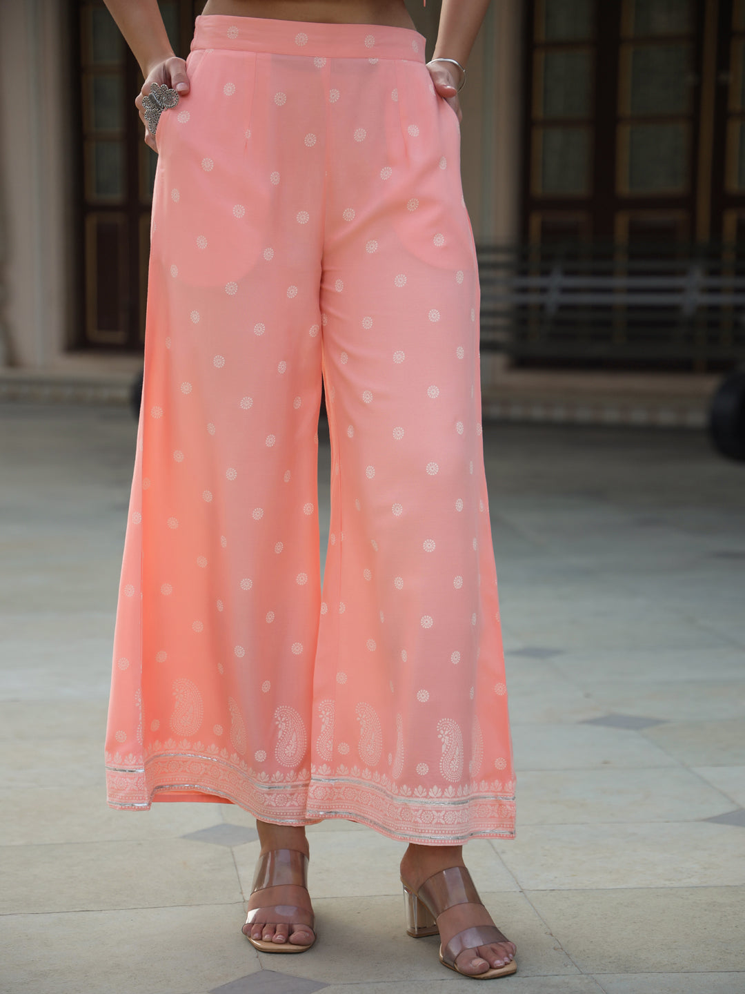 Juniper Peach Ethnic Motif Printed Rayon Crop Top Palazzo & Shrug With Beads & Sequins Work | Grocsy