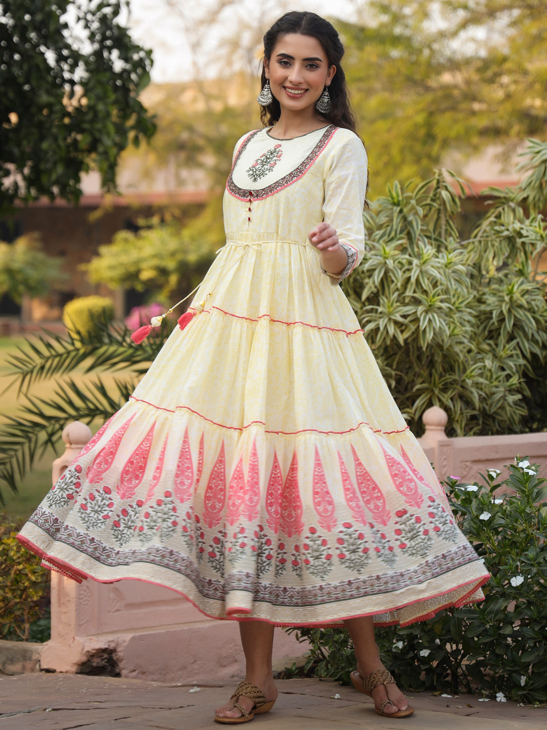 Juniper Yellow Ethnic Motif Printed Cotton Voile Maxi Dress With Thread Embroidery | Grocsy