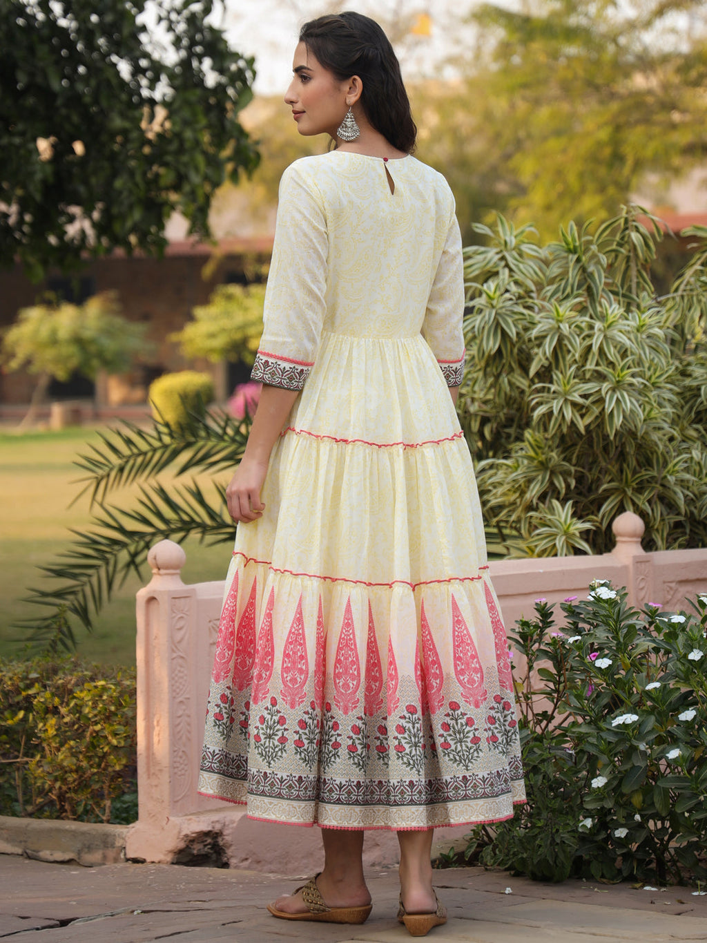 Juniper Yellow Ethnic Motif Printed Cotton Voile Maxi Dress With Thread Embroidery | Grocsy