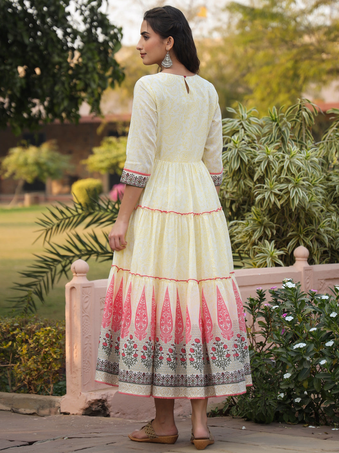 Juniper Yellow Ethnic Motif Printed Cotton Voile Maxi Dress With Thread Embroidery | Grocsy