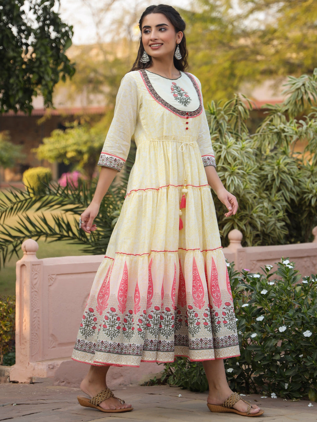 Juniper Yellow Ethnic Motif Printed Cotton Voile Maxi Dress With Thread Embroidery | Grocsy