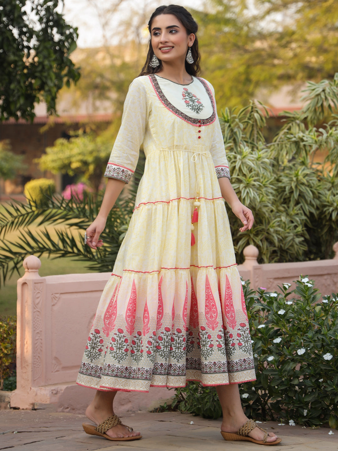 Juniper Yellow Ethnic Motif Printed Cotton Voile Maxi Dress With Thread Embroidery | Grocsy