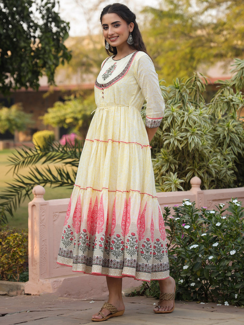 Juniper Yellow Ethnic Motif Printed Cotton Voile Maxi Dress With Thread Embroidery | Grocsy