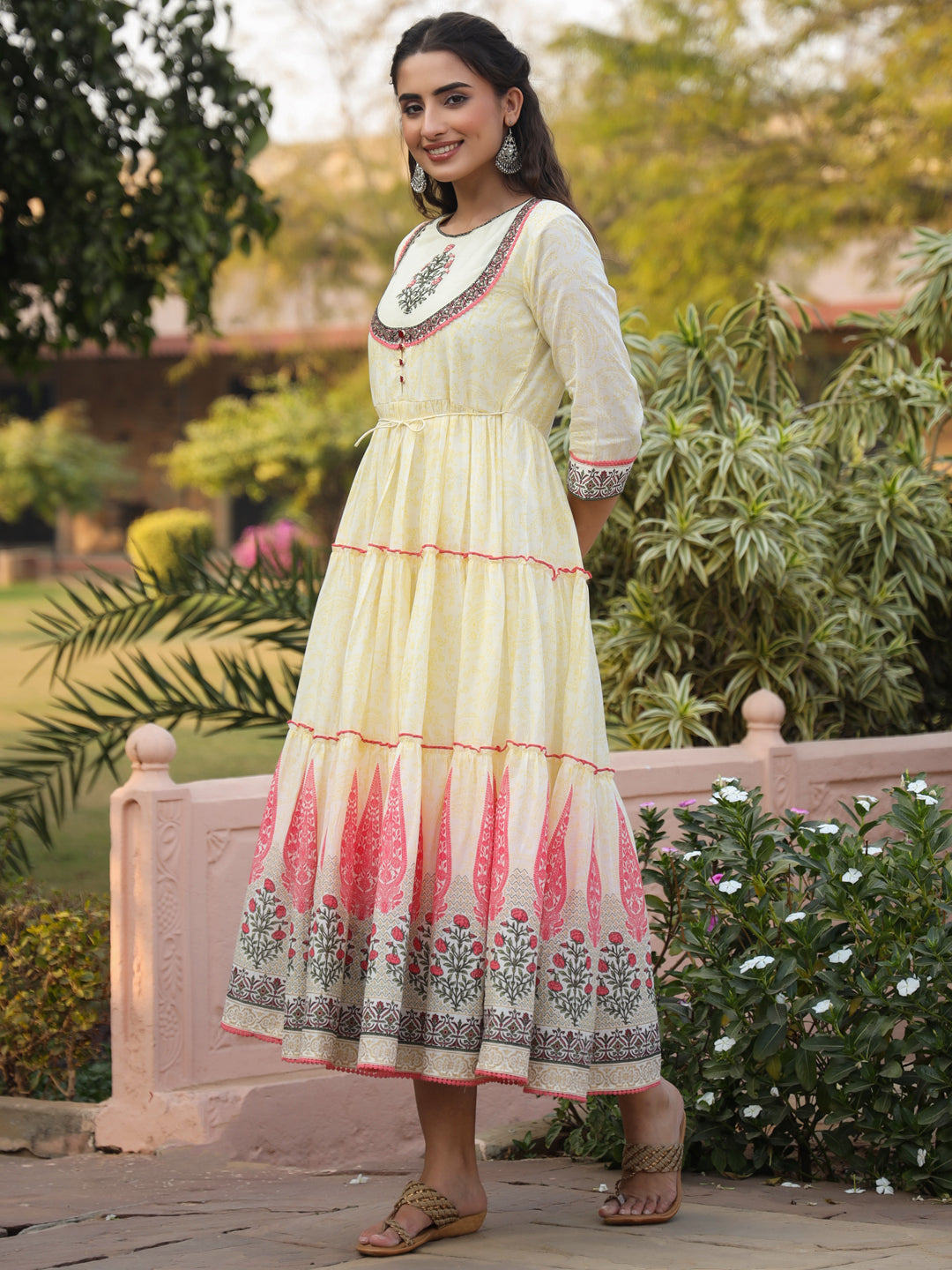 Juniper Yellow Ethnic Motif Printed Cotton Voile Maxi Dress With Thread Embroidery | Grocsy