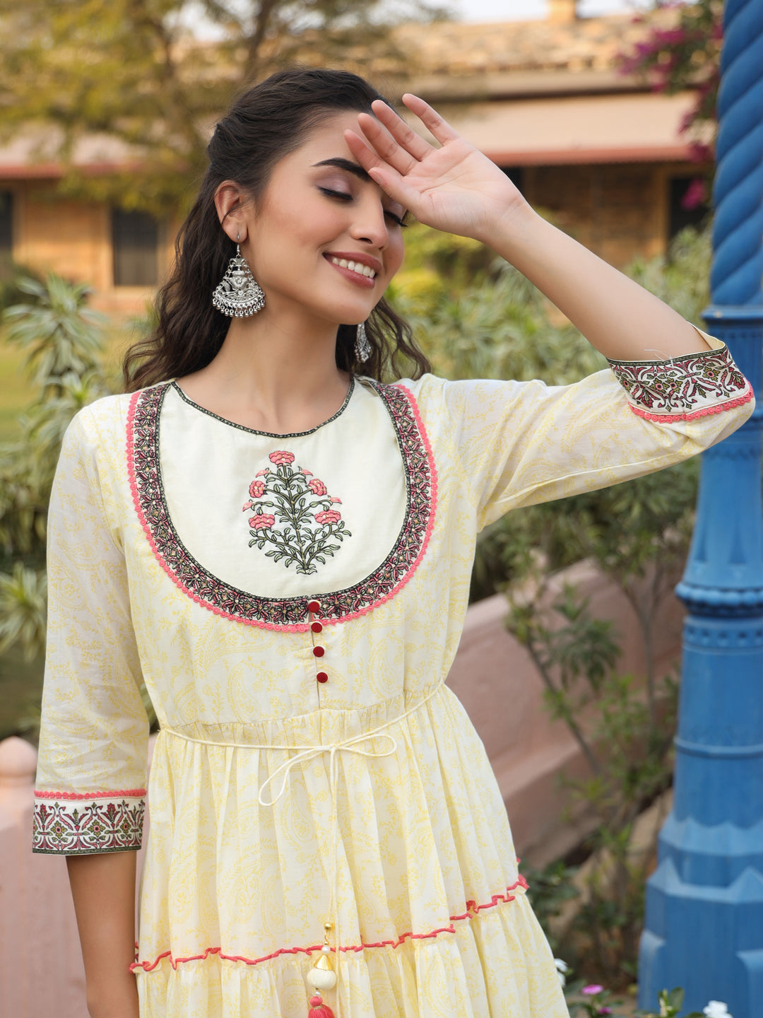 Juniper Yellow Ethnic Motif Printed Cotton Voile Maxi Dress With Thread Embroidery | Grocsy