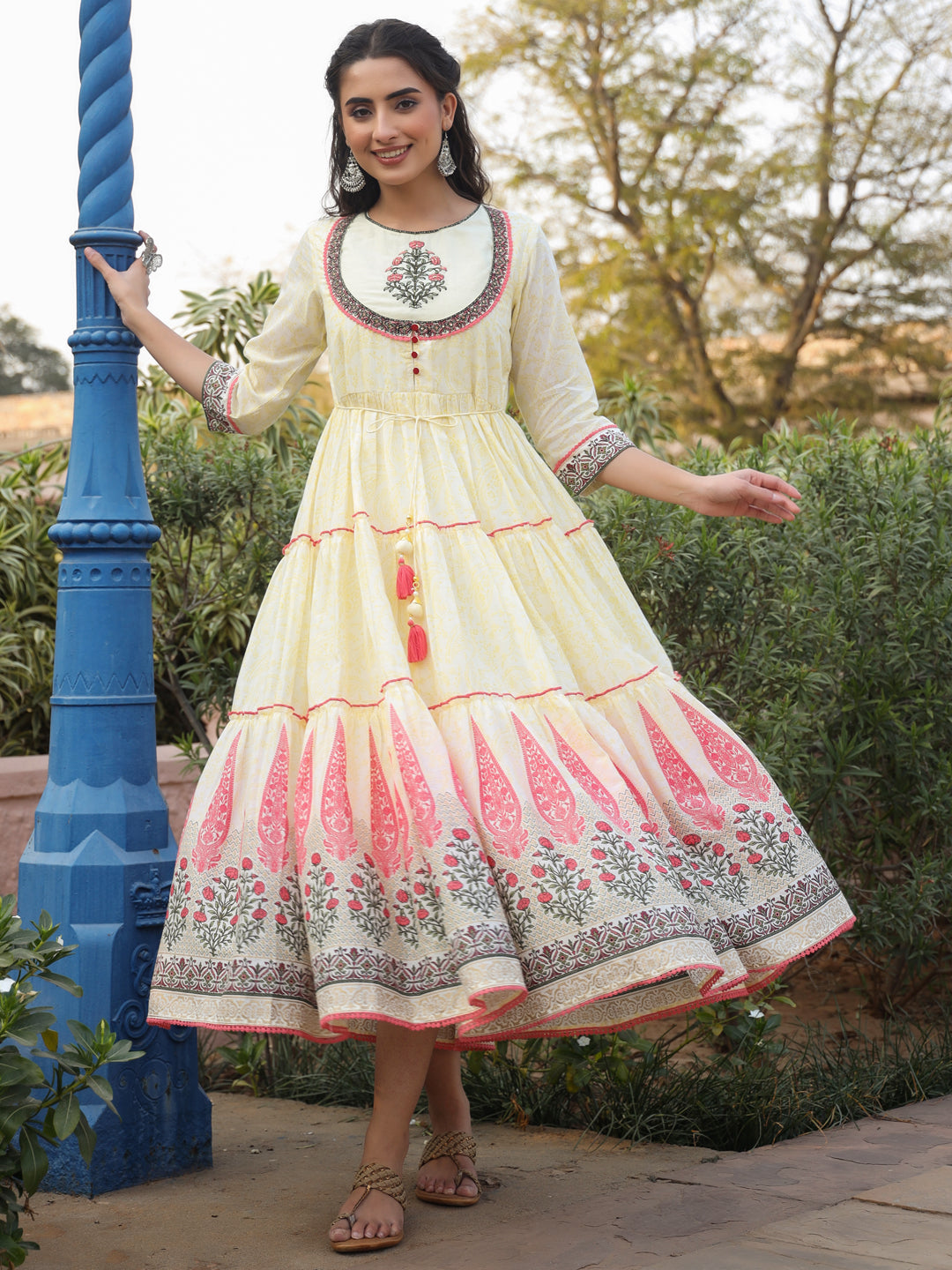 Juniper Yellow Ethnic Motif Printed Cotton Voile Maxi Dress With Thread Embroidery | Grocsy
