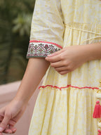 Juniper Yellow Ethnic Motif Printed Cotton Voile Maxi Dress With Thread Embroidery | Grocsy