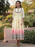 Juniper Yellow Ethnic Motif Printed Cotton Voile Maxi Dress With Thread Embroidery | Grocsy