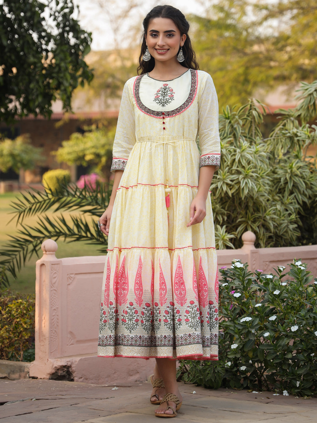 Juniper Yellow Ethnic Motif Printed Cotton Voile Maxi Dress With Thread Embroidery | Grocsy