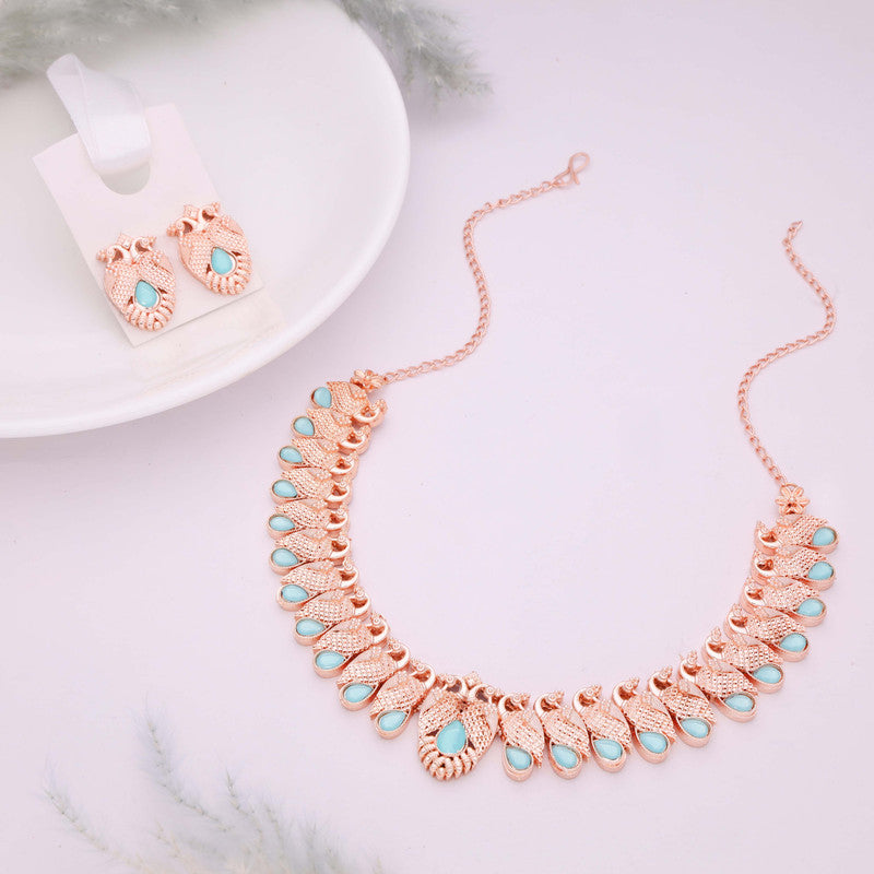 Tehzeeb Creations Rose Gold Sky Blue Colour Necklace With Pair Of Earrings | Grocsy
