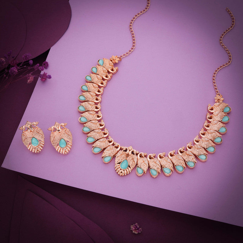 Tehzeeb Creations Rose Gold Sky Blue Colour Necklace With Pair Of Earrings | Grocsy