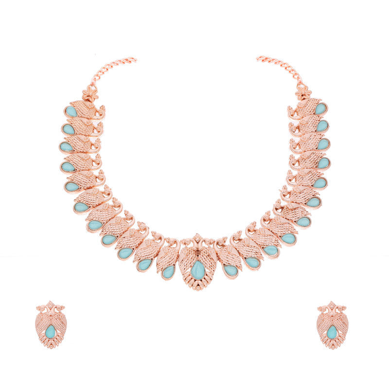 Tehzeeb Creations Rose Gold Sky Blue Colour Necklace With Pair Of Earrings | Grocsy