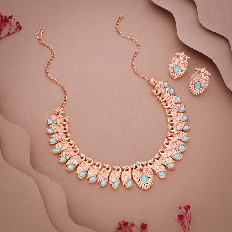 Tehzeeb Creations Rose Gold Sky Blue Colour Necklace With Pair Of Earrings | Grocsy