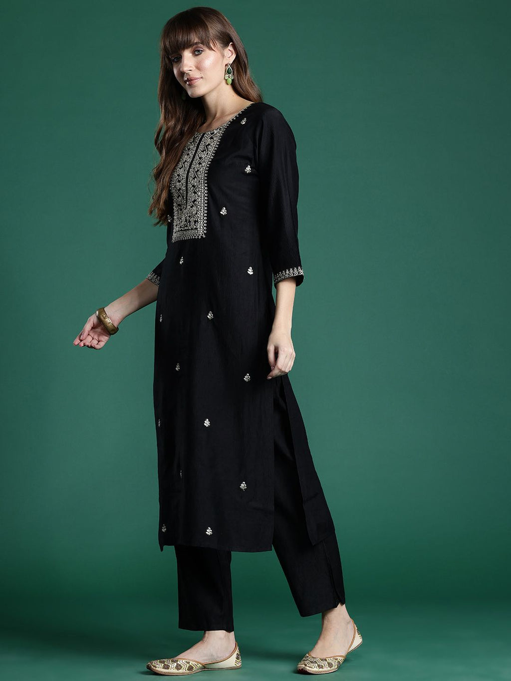 Indo Era Ethnic Motifs Zari Embroidered Liva Kurta With Trousers & Dupatta | Grocsy