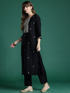 Indo Era Ethnic Motifs Zari Embroidered Liva Kurta With Trousers & Dupatta | Grocsy
