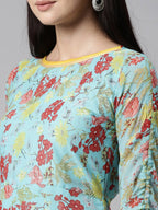 Souchii Blue Floral Printed Chiffon A-Line Midi Dress | Grocsy