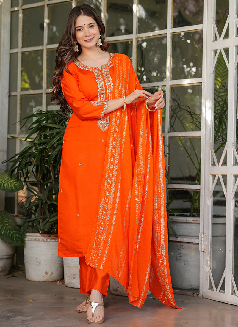 Vellora Viscose Chanderi Orange Festival Wear Sequins Work Readymade Suit | Grocsy