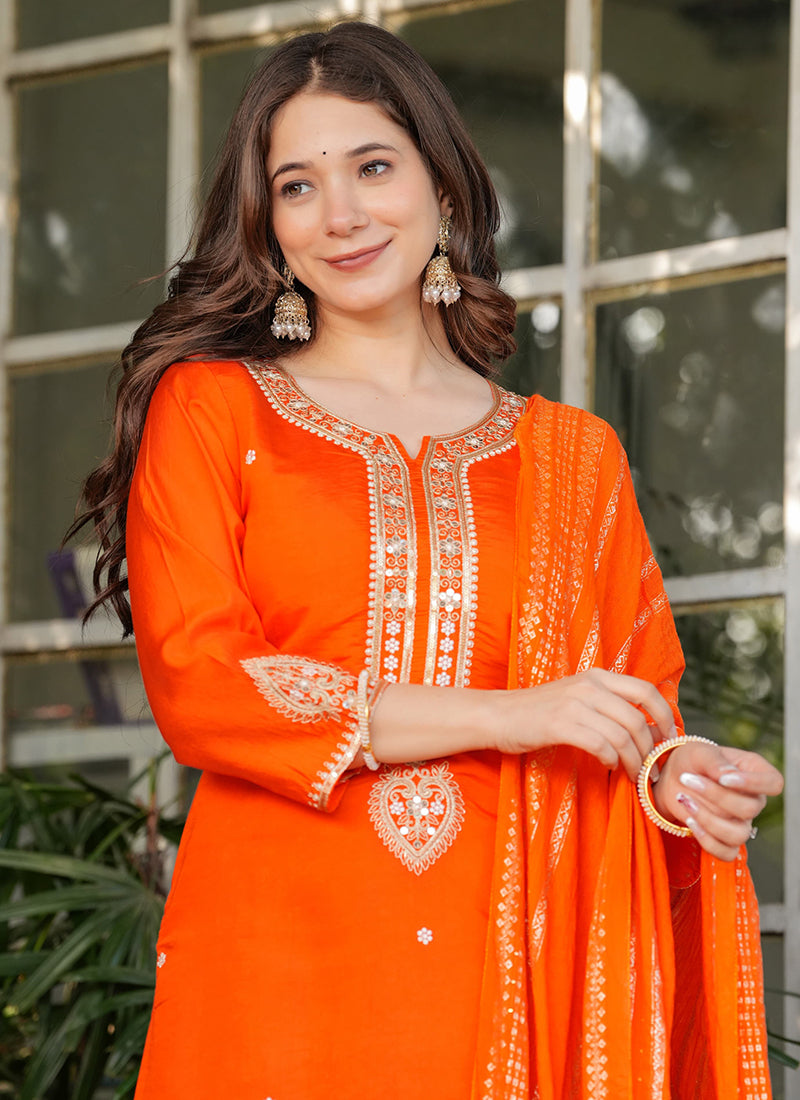 Vellora Viscose Chanderi Orange Festival Wear Sequins Work Readymade Suit | Grocsy