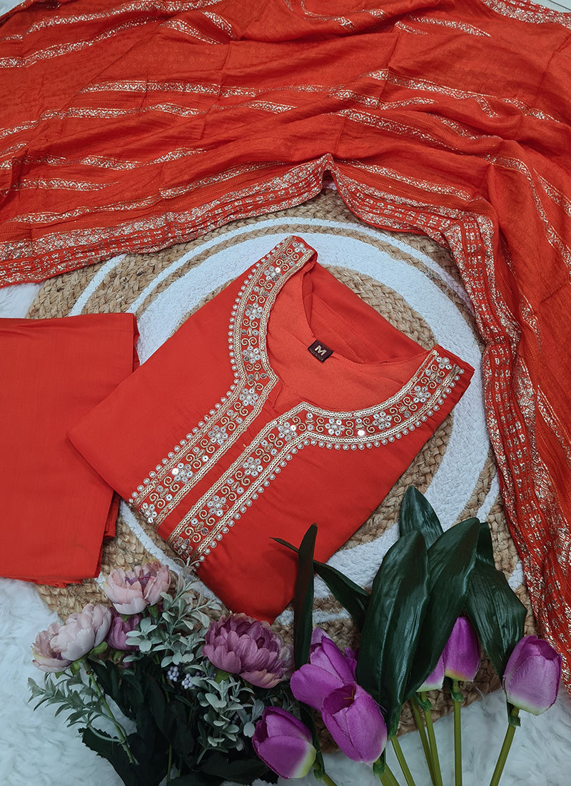 Vellora Viscose Chanderi Orange Festival Wear Sequins Work Readymade Suit | Grocsy