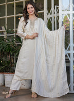 Vellora Viscose Chanderi White Festival Wear Sequins Work Readymade Suit | Grocsy