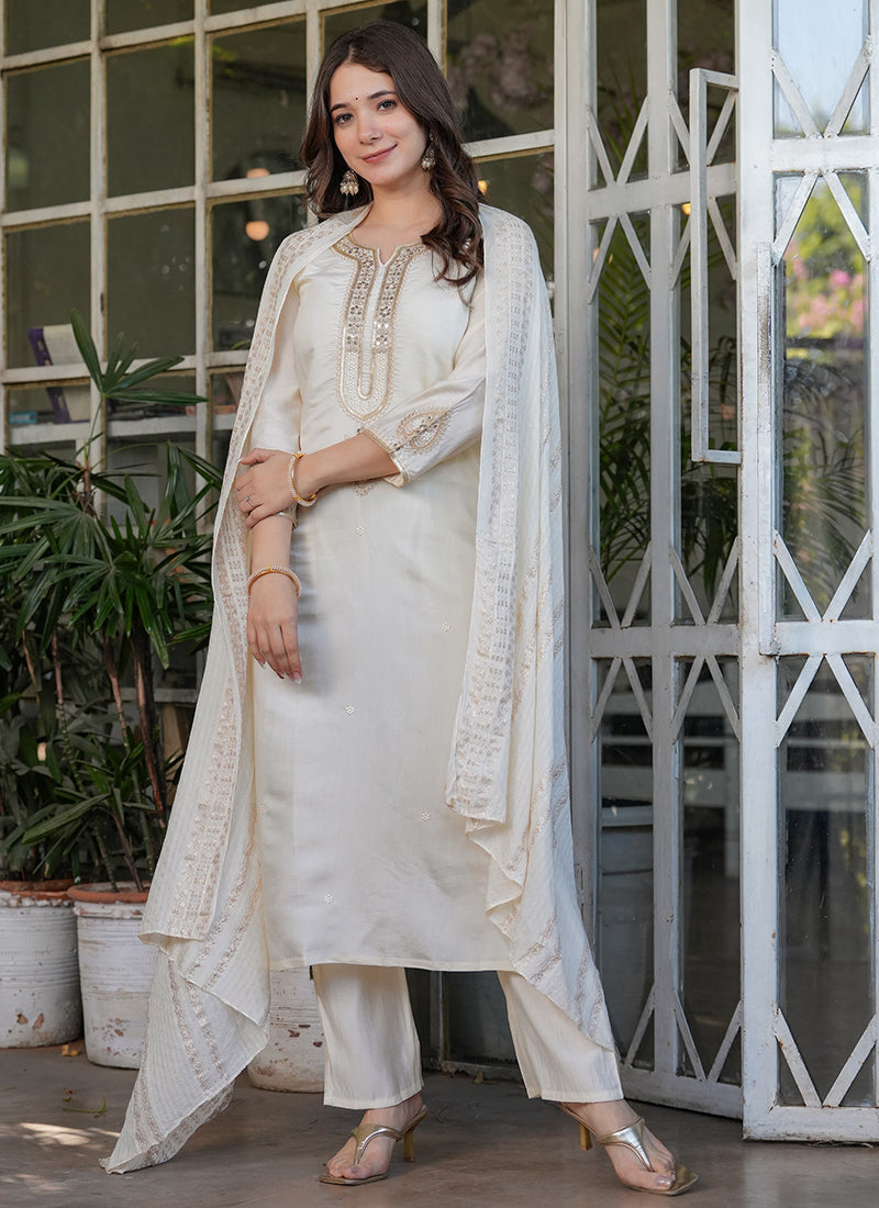 Vellora Viscose Chanderi White Festival Wear Sequins Work Readymade Suit | Grocsy