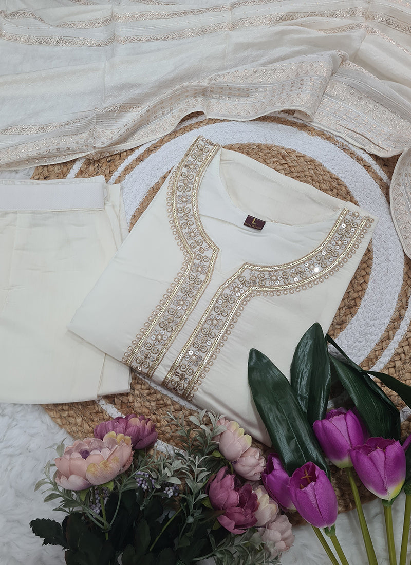 Vellora Viscose Chanderi White Festival Wear Sequins Work Readymade Suit | Grocsy