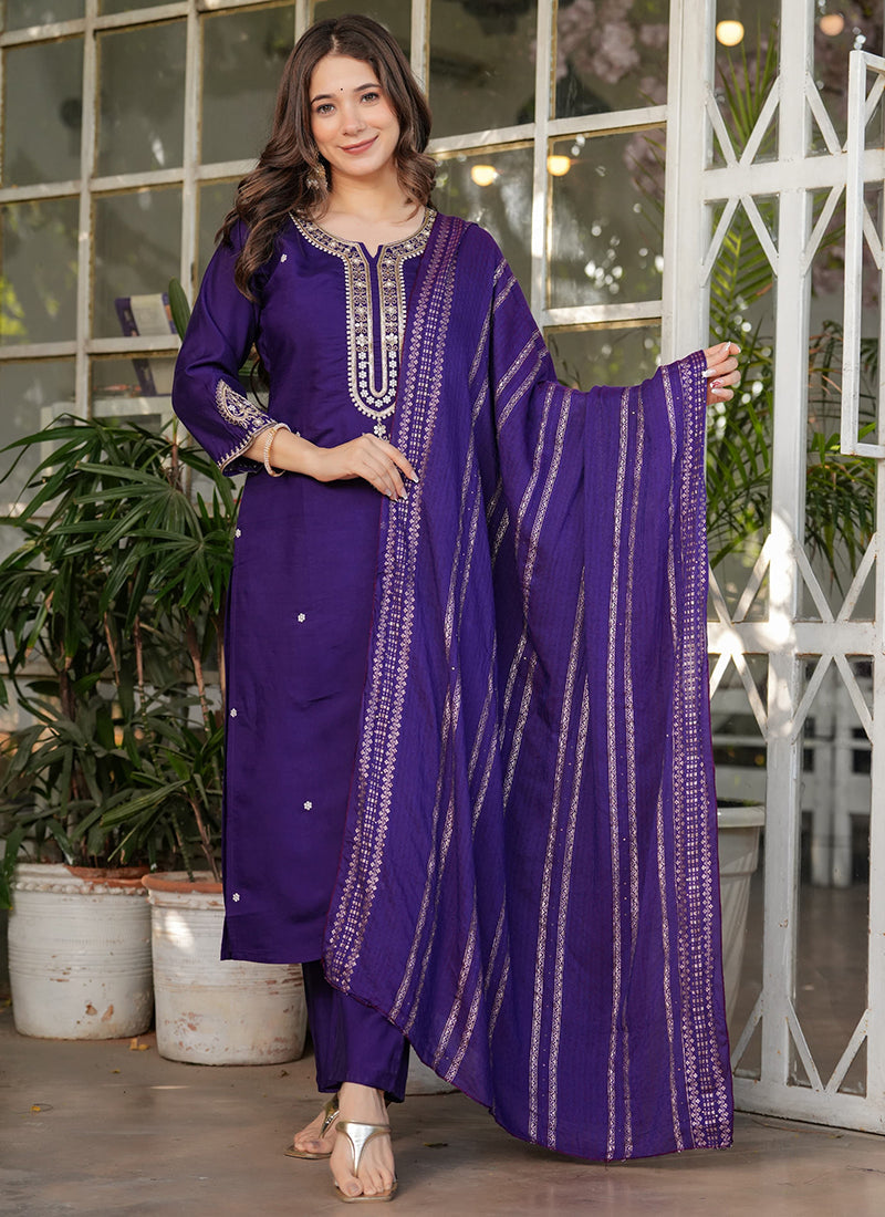 Vellora Viscose Chanderi Purple Festival Wear Sequins Work Readymade Suit | Grocsy