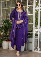 Vellora Viscose Chanderi Purple Festival Wear Sequins Work Readymade Suit | Grocsy