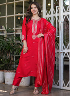 Vellora Viscose Chanderi Red Festival Wear Sequins Work Readymade Suit | Grocsy