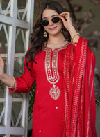 Vellora Viscose Chanderi Red Festival Wear Sequins Work Readymade Suit | Grocsy