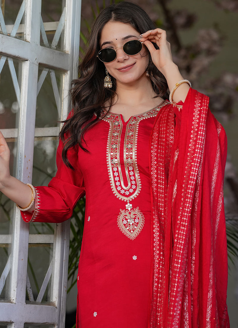 Vellora Viscose Chanderi Red Festival Wear Sequins Work Readymade Suit | Grocsy
