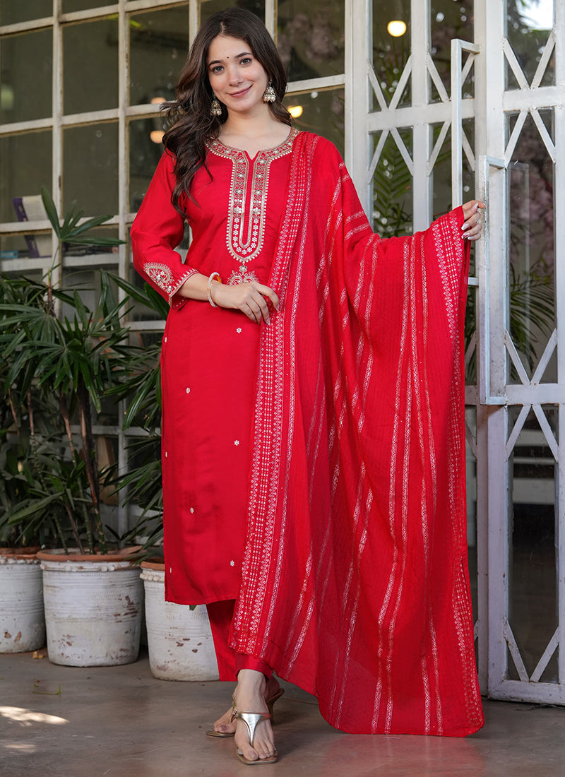 Vellora Viscose Chanderi Red Festival Wear Sequins Work Readymade Suit | Grocsy