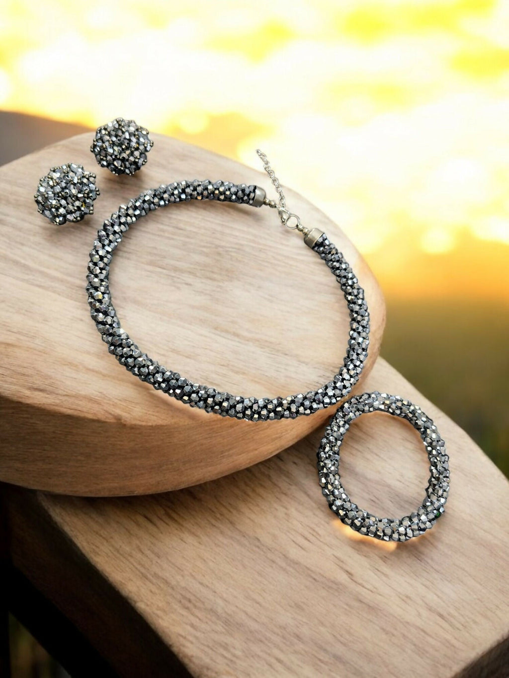 Inhanns Complete Look Crystal Statement 3-Piece Set (Adjustable Necklace + Earrings + Adjustable Bangle ) - Silver | Grocsy