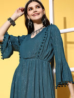 InWeave Teal Lurex Dress With Lace | Grocsy