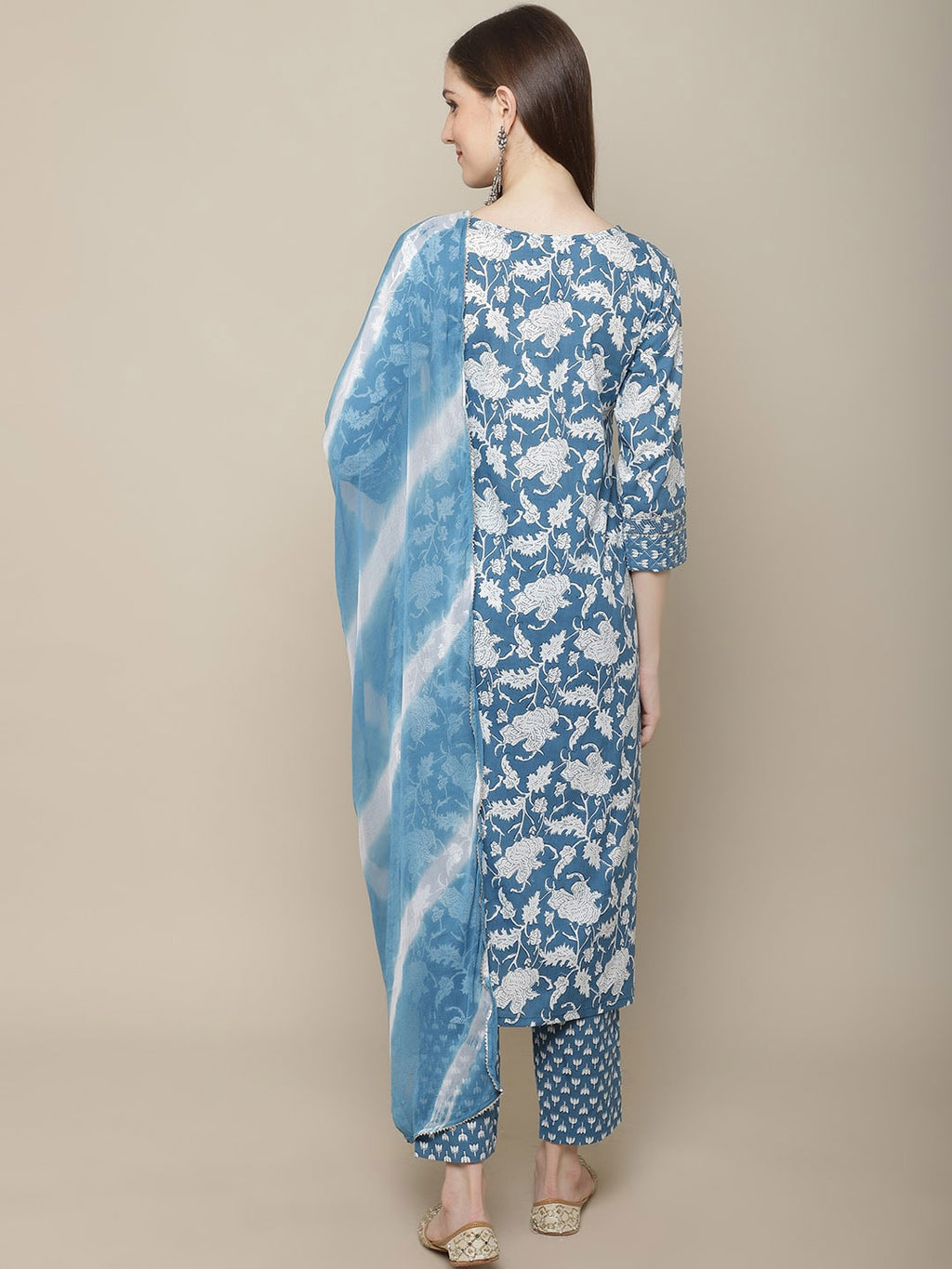 Sangria Women Blue Ethnic Motifs Printed Gotta Patti Pure Cotton Kurta with Trousers & With Dupatta | Grocsy