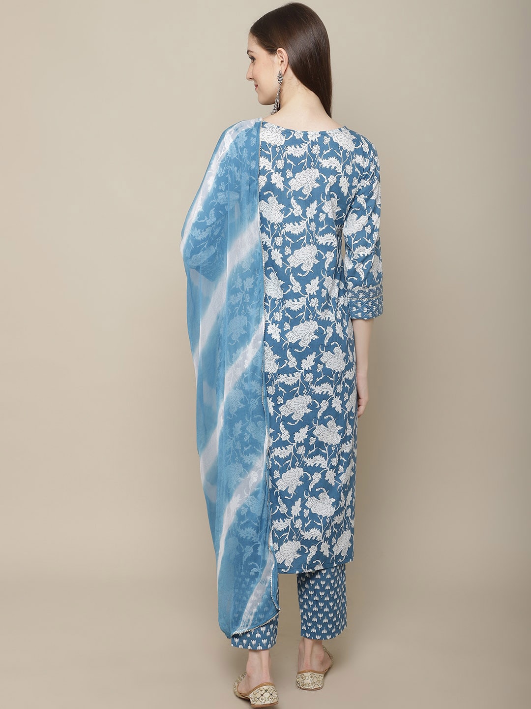 Sangria Women Blue Ethnic Motifs Printed Gotta Patti Pure Cotton Kurta with Trousers & With Dupatta | Grocsy