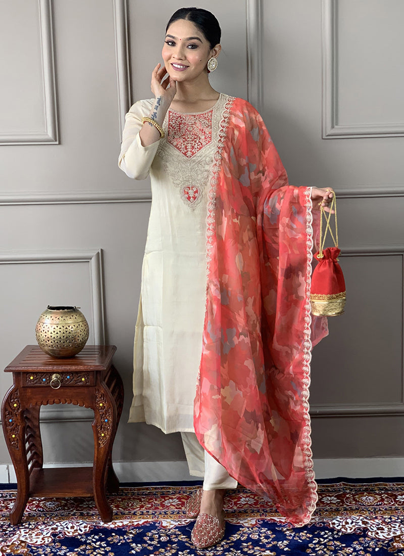 Vellora Pv Chanderi White Casual Wear Embroidery Work Readymade Suit | Grocsy
