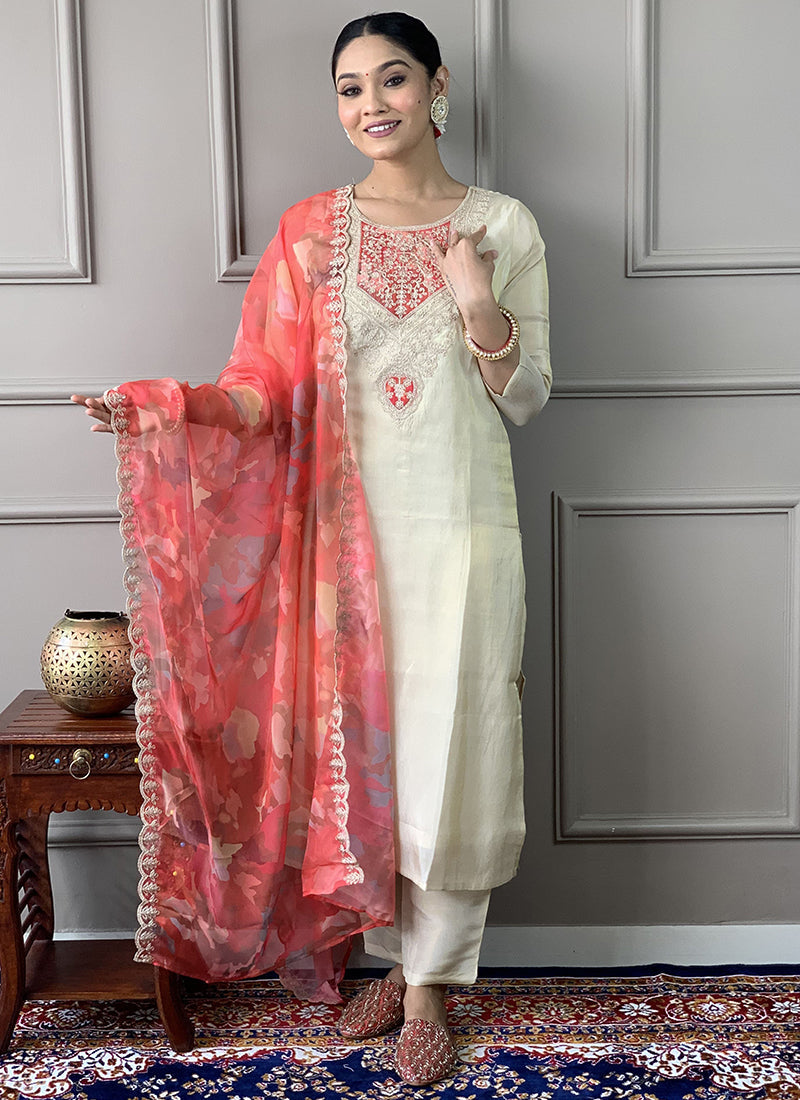 Vellora Pv Chanderi White Casual Wear Embroidery Work Readymade Suit | Grocsy