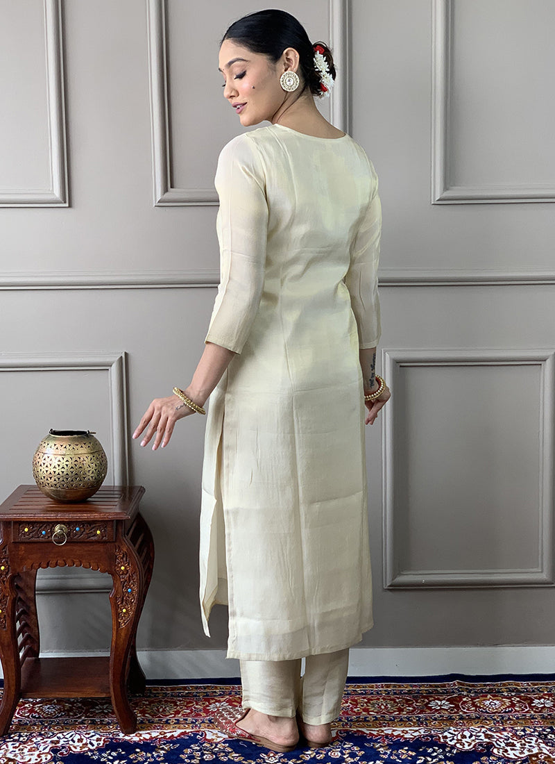 Vellora Pv Chanderi White Casual Wear Embroidery Work Readymade Suit | Grocsy